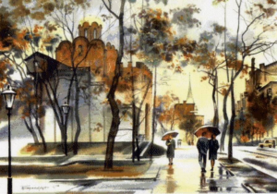 Осенний город - город, пейзаж, церковь, люди, осень - предпросмотр