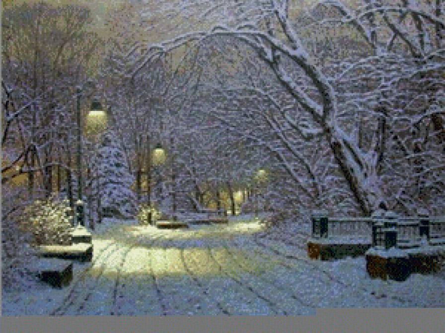 зимний парк - лавочка, пейзаж, фонарь, зима, лес, парк, снег - предпросмотр