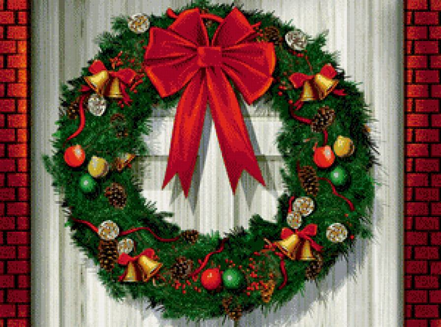 новогодний венок - бант, дверь, игрушки, колокольчик, шишка, елка - предпросмотр