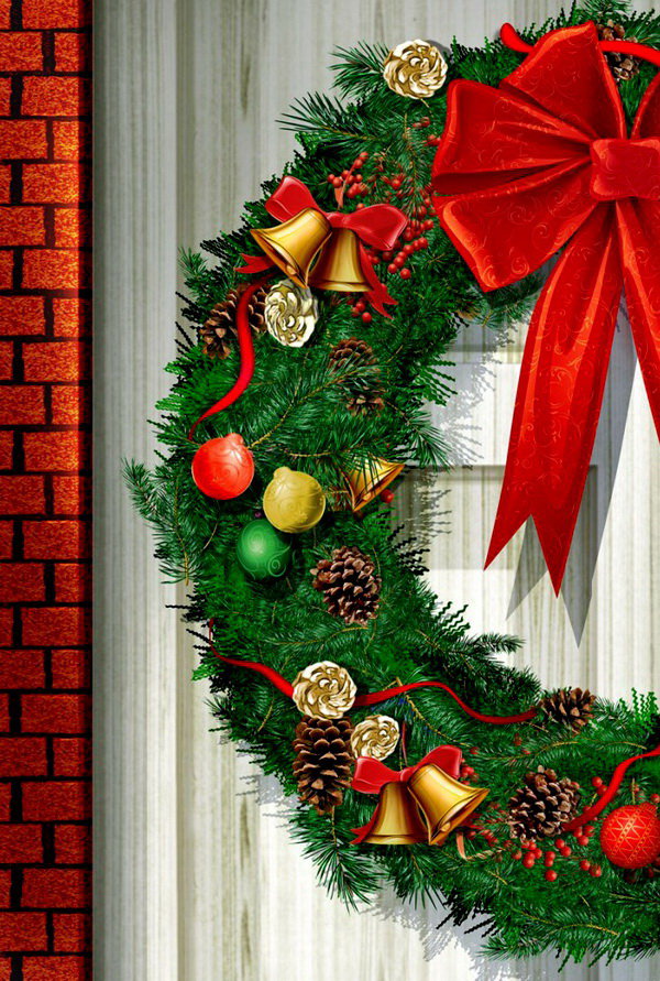 новогодний венок часть 1 - дверь, колокольчик, бант, шишка, елка, игрушки - оригинал