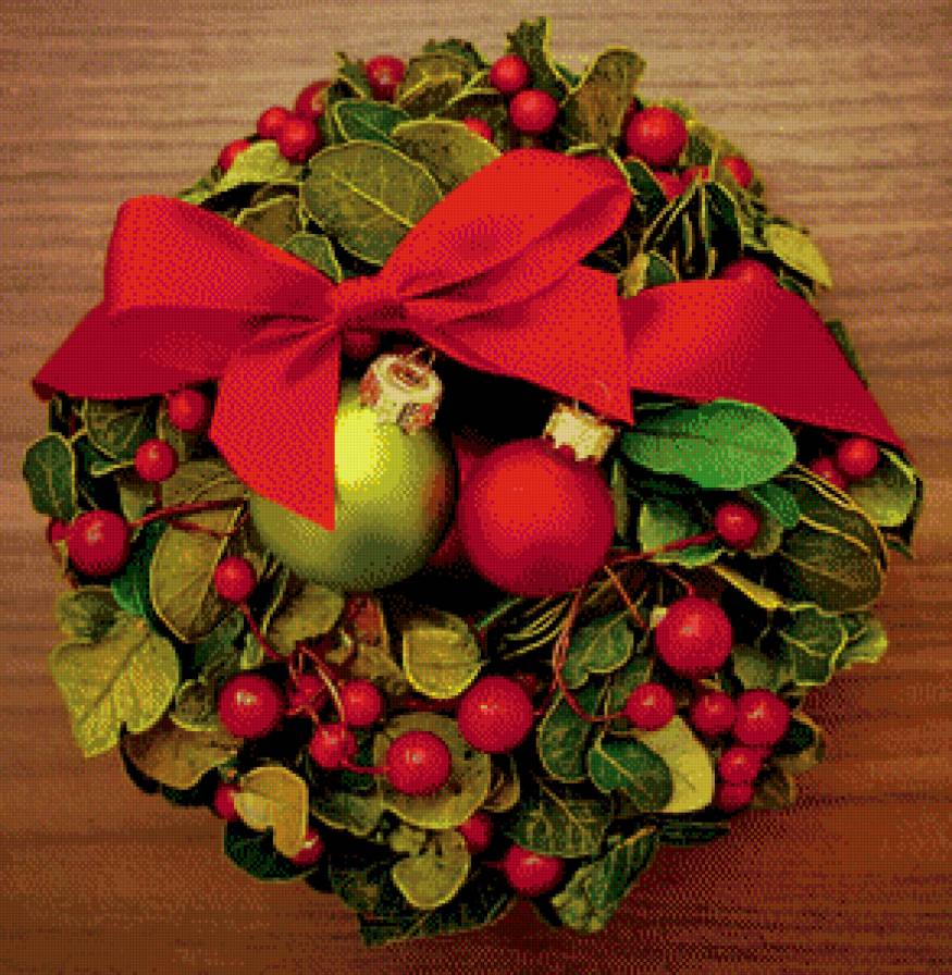 новогодний венок - бант, ягоды, игрушка, шар - предпросмотр