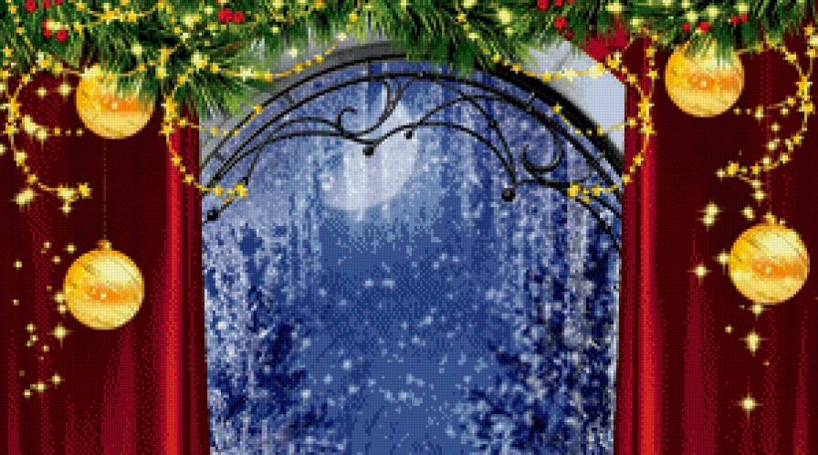 новогоднее окно - елка, снег, шар, игрушка, гирлянда, луна, штора - предпросмотр