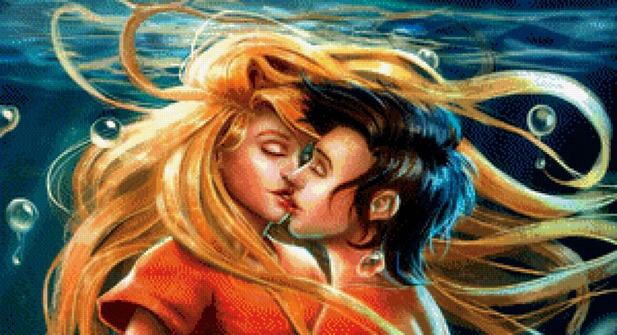 поцелуй под водой - девушка, волосы, вода, романтика, парень, пара - предпросмотр