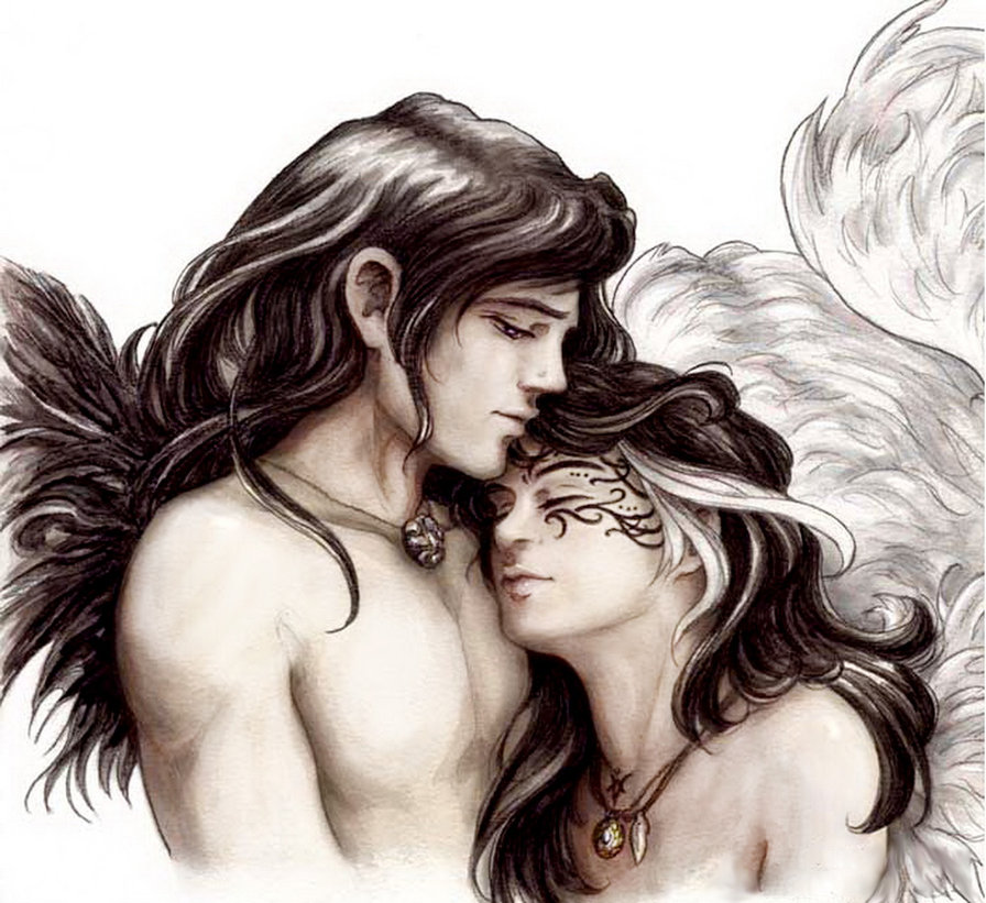 нежность - ангел, крылья, пара, живопись, любовь - оригинал