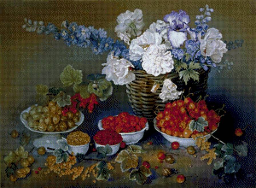 серия ,,натюрморт" - натюрморт.фрукты.черешня.крыжовник.смородина.цветы на - предпросмотр
