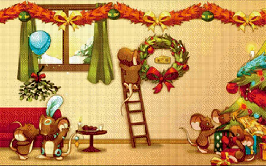 мышиный новый год - венок, бант, гирлянда, шар, окно, сыр, омела, елка, мышка, дети, подарок - предпросмотр