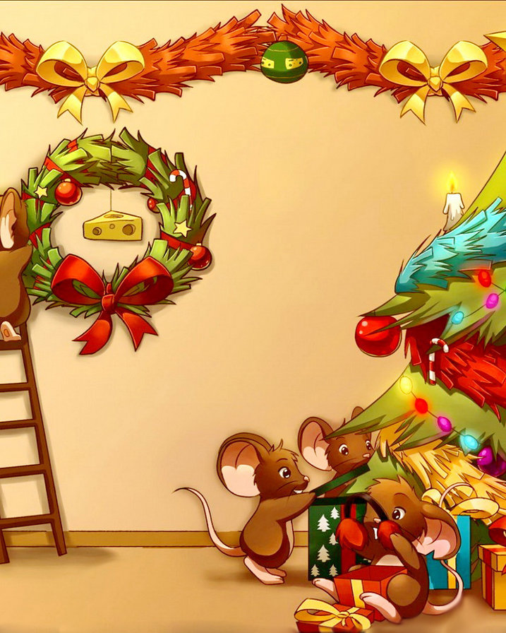 мышиный новый год часть 2 - подарок, елка, гирлянда, шар, бант, окно, мышка, сыр, венок, омела, дети - оригинал