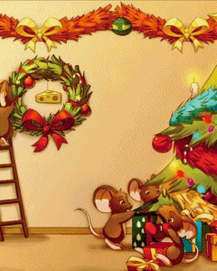 мышиный новый год часть 2 - мышка, венок, елка, подарок, бант, шар, дети, сыр, гирлянда, окно, омела - предпросмотр