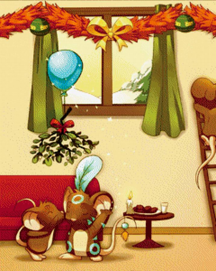 мышиный новый год часть 1 - мышка, бант, окно, венок, шар, дети, гирлянда, елка, сыр, подарок, омела - предпросмотр