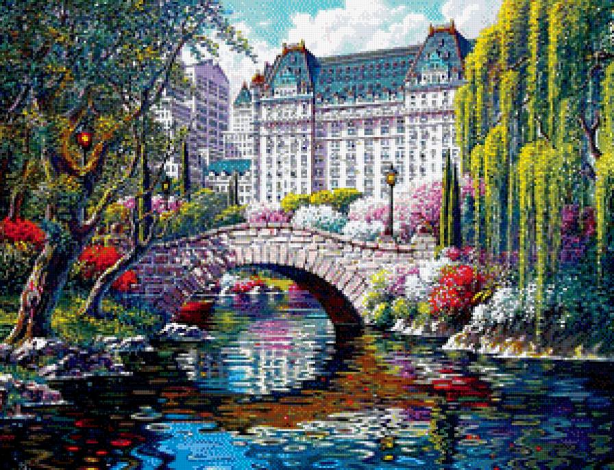 Городской пейзаж - цветы, пейзаж, пруд, архитектура, парк, город, красота, мост - предпросмотр