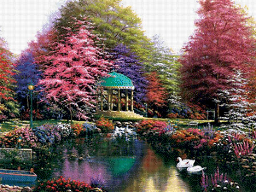 Городской парк - беседка, парк, пейзаж, озеро, лебеди - предпросмотр