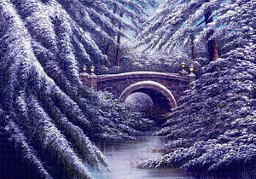 Морозный вечер - зима, елки, пейзаж, мост - предпросмотр