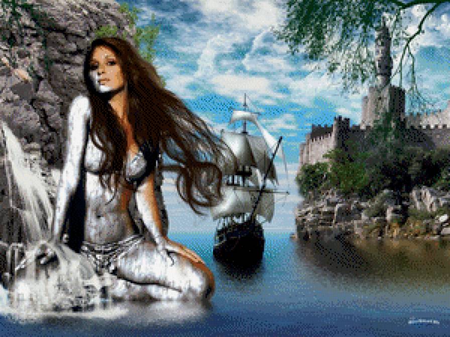 Русалочка на скале - русалка, скалы, девушка, корабль, море - предпросмотр