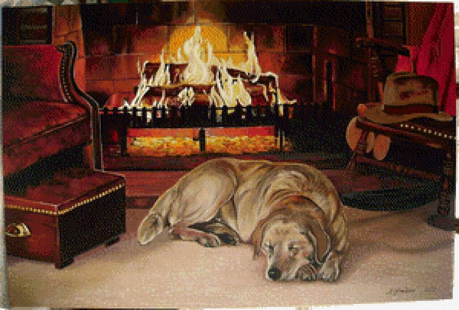 пес у камина - собака, ожидание, камин, животные - предпросмотр