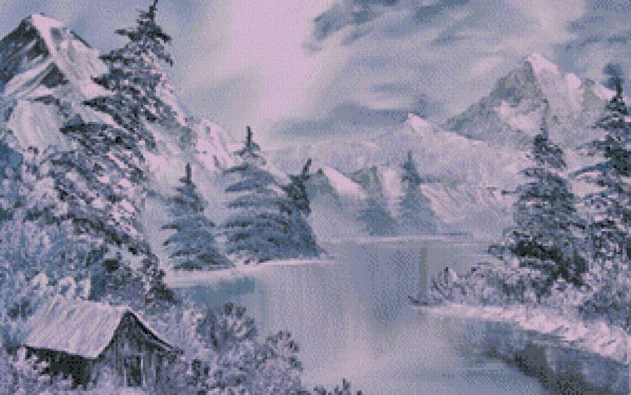 пейзаж горное озеро - восход, лес, горы, озеро, зима, пейзаж, заря, домик, снег, закат - предпросмотр