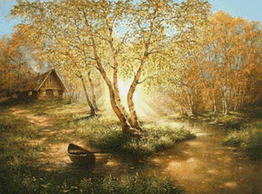 осень избушка у ручья - лес, деревья, береза, река, берег, лодка, ручкй, избушка, осень.домик - предпросмотр