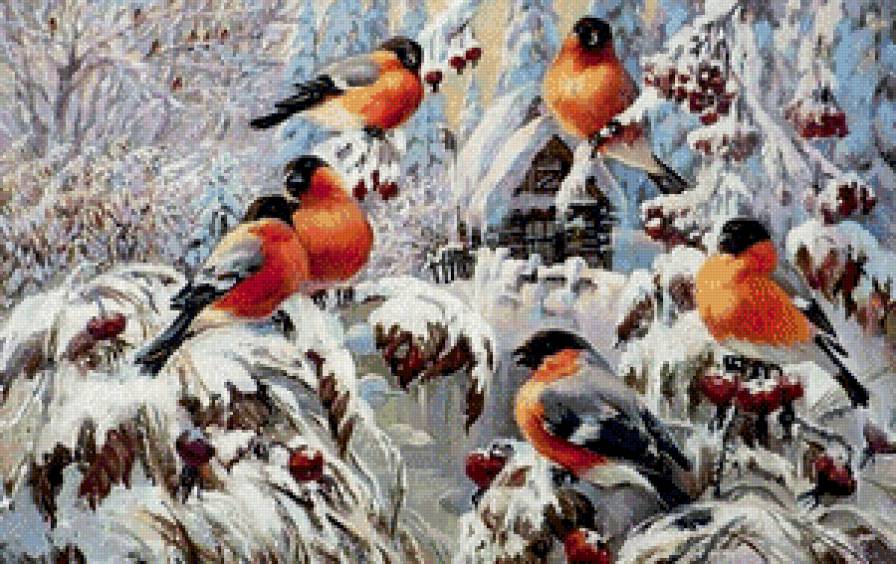 снегири на шиповнике - куст, рождество, снегири, снег, синички, калина, дерево, зима, шиповник - предпросмотр