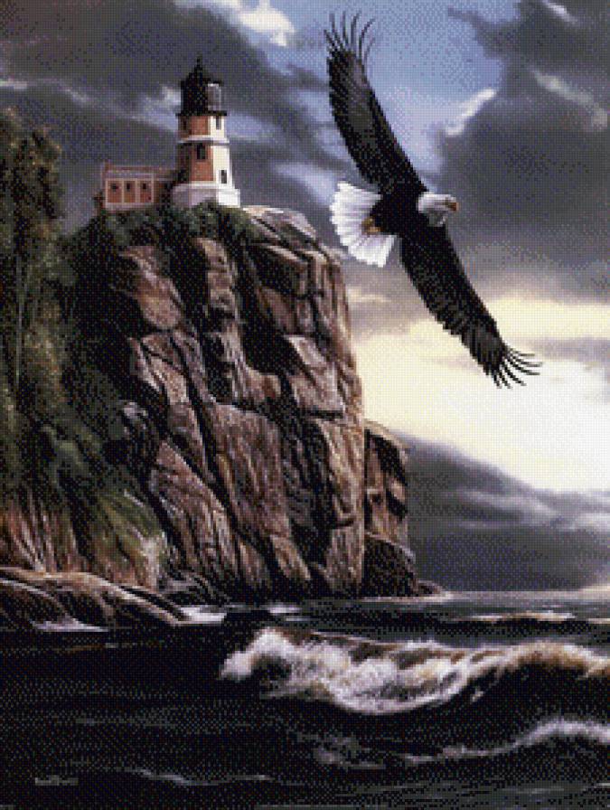 Парящий над морем - пейзаж, птицы, море, горы, маяк, орлы - предпросмотр