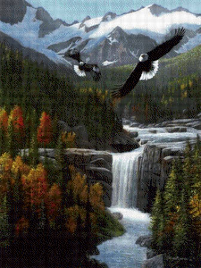 Над водопадом - орлы, водопад, горы, пейзаж, река, птицы - предпросмотр