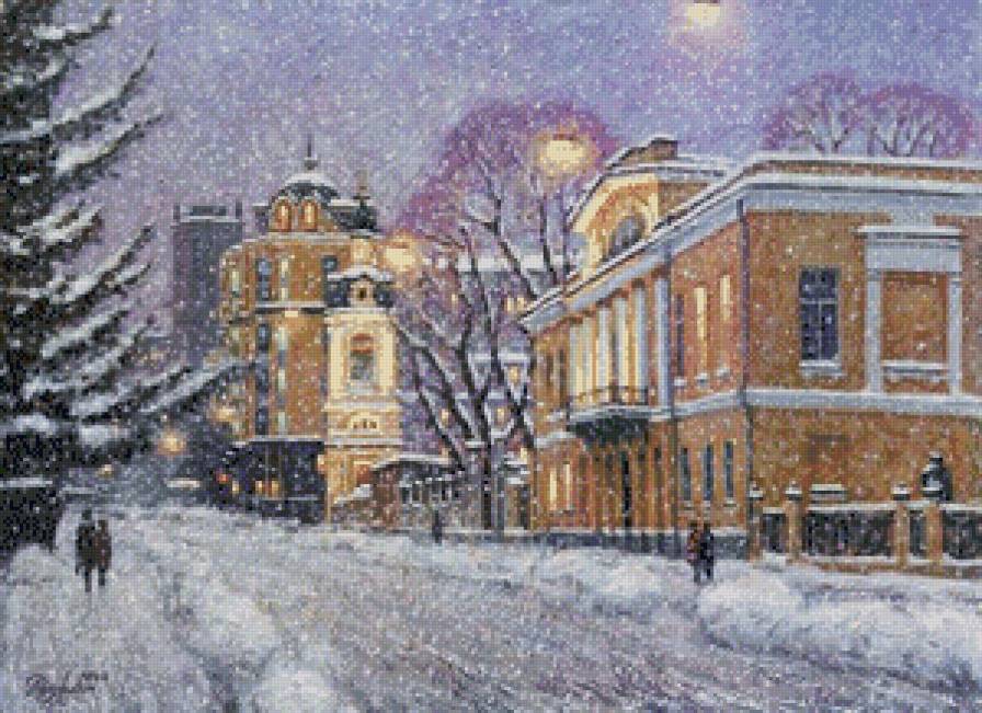 Зима в городе - пейзаж, зима, домик, город, люди - предпросмотр