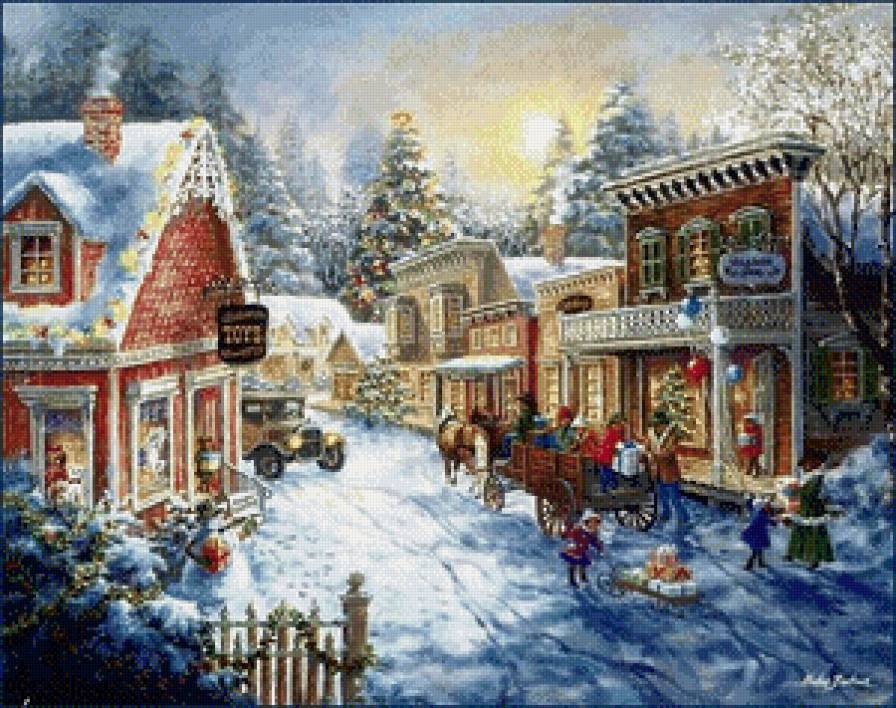 Ретро - городок - люди, животные, пейзаж, зима, дети, домик - предпросмотр