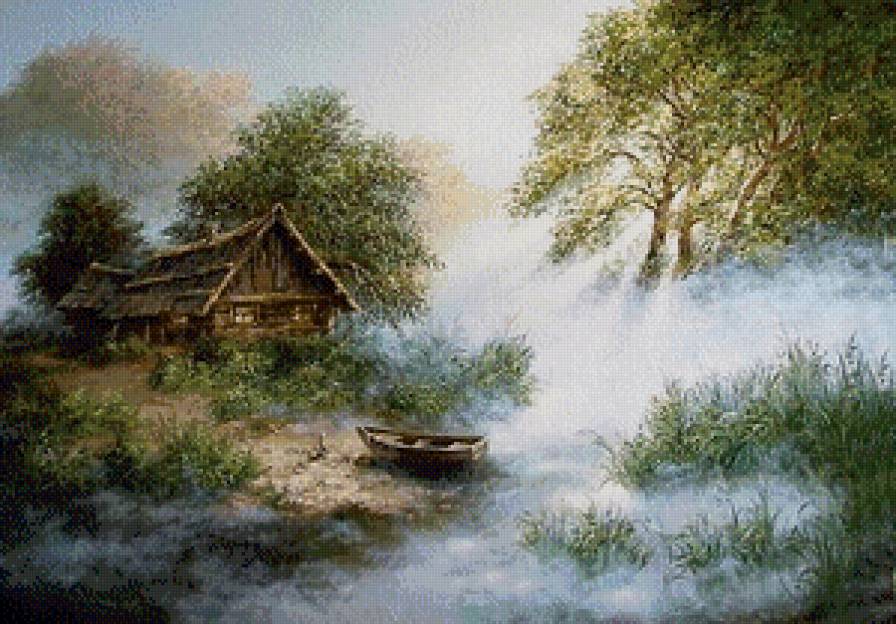 утренний туман у реки - избушка, деревья, домик, туман, берег, утро, река.пейзаж, природа.лес - предпросмотр