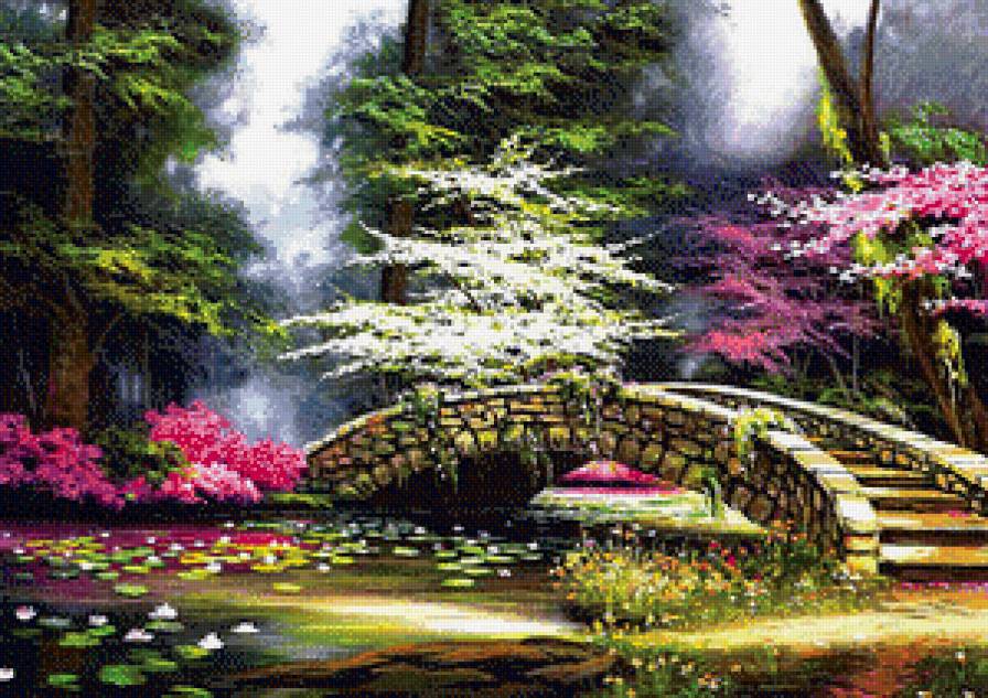 Пейзаж с мостиком - мостик, пруд, пейзаж, парк - предпросмотр