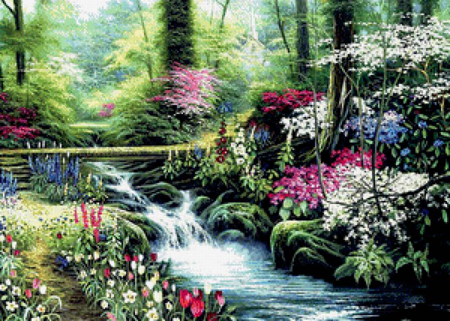 Лесной ручей - цветы, мостик, ручей, пейзаж, природа - предпросмотр