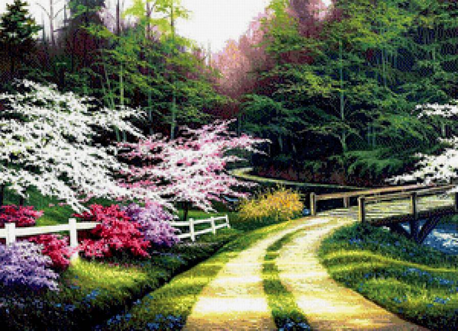 Пейзаж с мостиком - пейзаж, мостик, природа, дорога, парк - предпросмотр