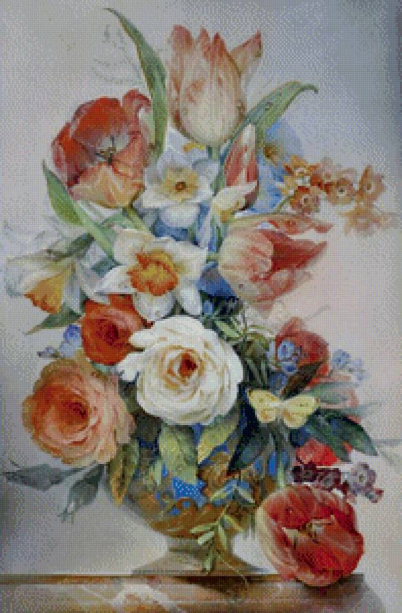 букет - тюльпан, живопись, нарцисс, ваза, цветы, роза, вьюнок, бабочка - предпросмотр