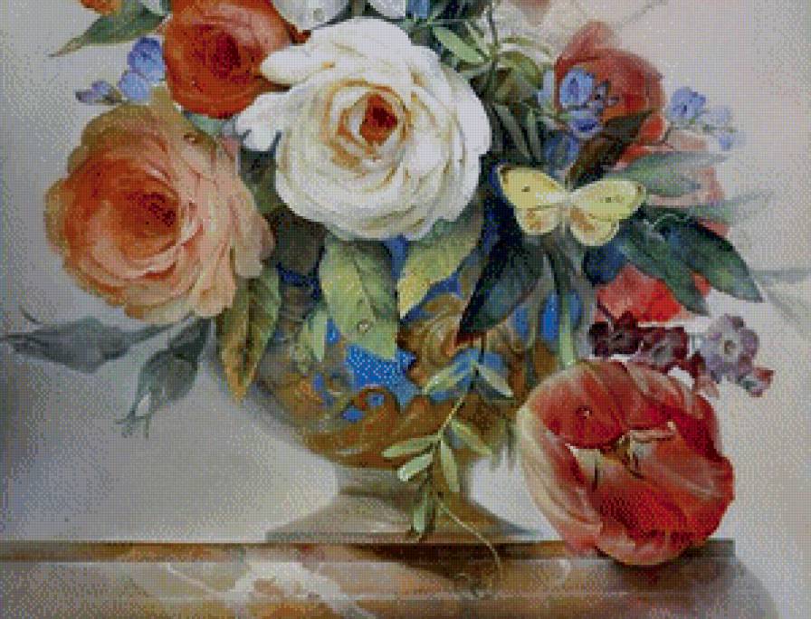 букет часть 2 - живопись, бабочка, тюльпан, цветы, роза, нарцисс, ваза, вьюнок - предпросмотр