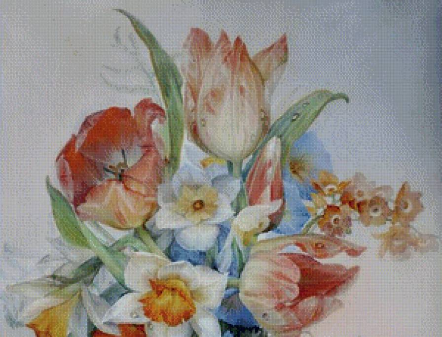 букет часть 1 - живопись, нарцисс, бабочка, цветы, роза, тюльпан, ваза, вьюнок - предпросмотр