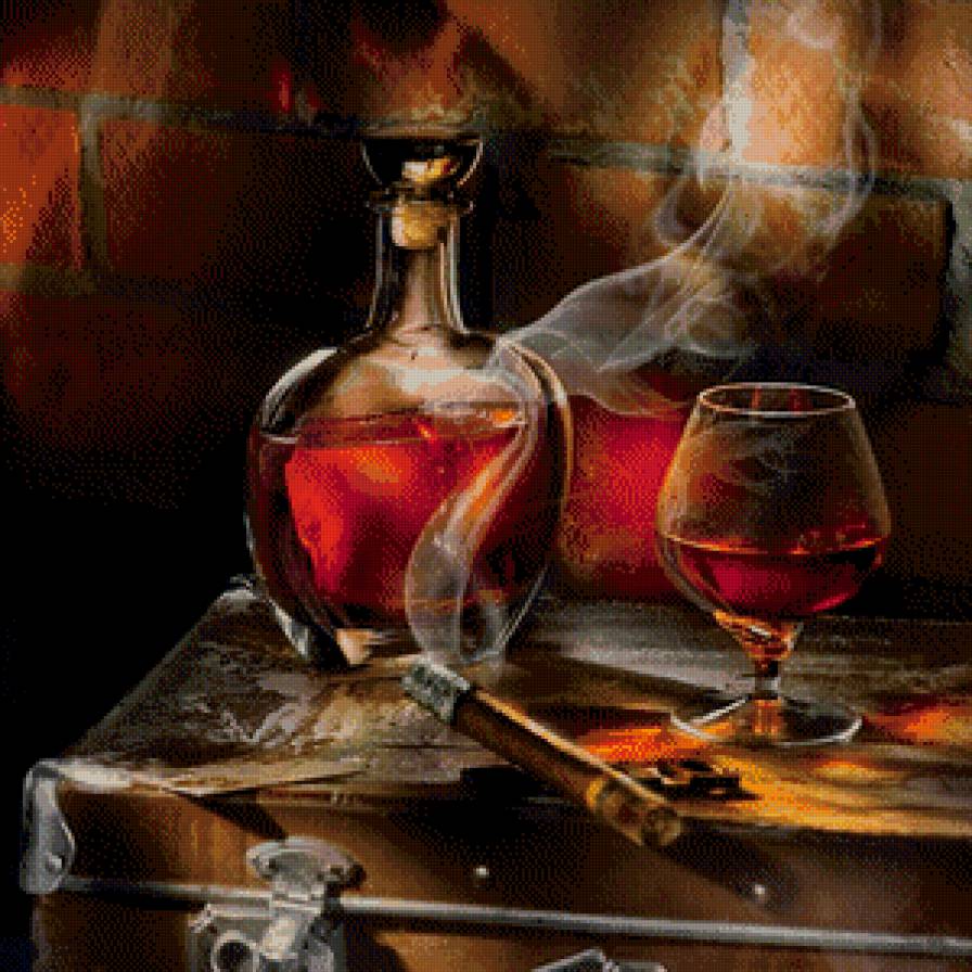 мужской натюрморт - виски, бокал, бутылка, чемодан, стена, дым, сигара - предпросмотр