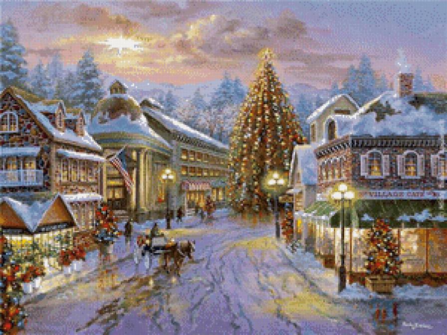 Предновогодняя ночь - елка, зима, домик, пейзаж, люди - предпросмотр