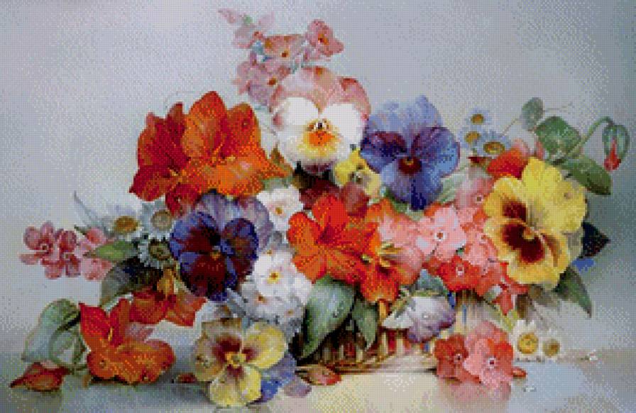 букетик - анютины глазки, маргаритки, цветы, флоксы, живопись, корзина - предпросмотр