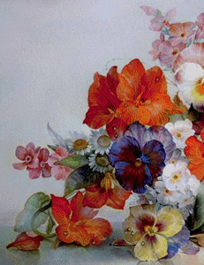 букетик часть 1 - флоксы, цветы, анютины глазки, корзина, маргаритки, живопись - предпросмотр
