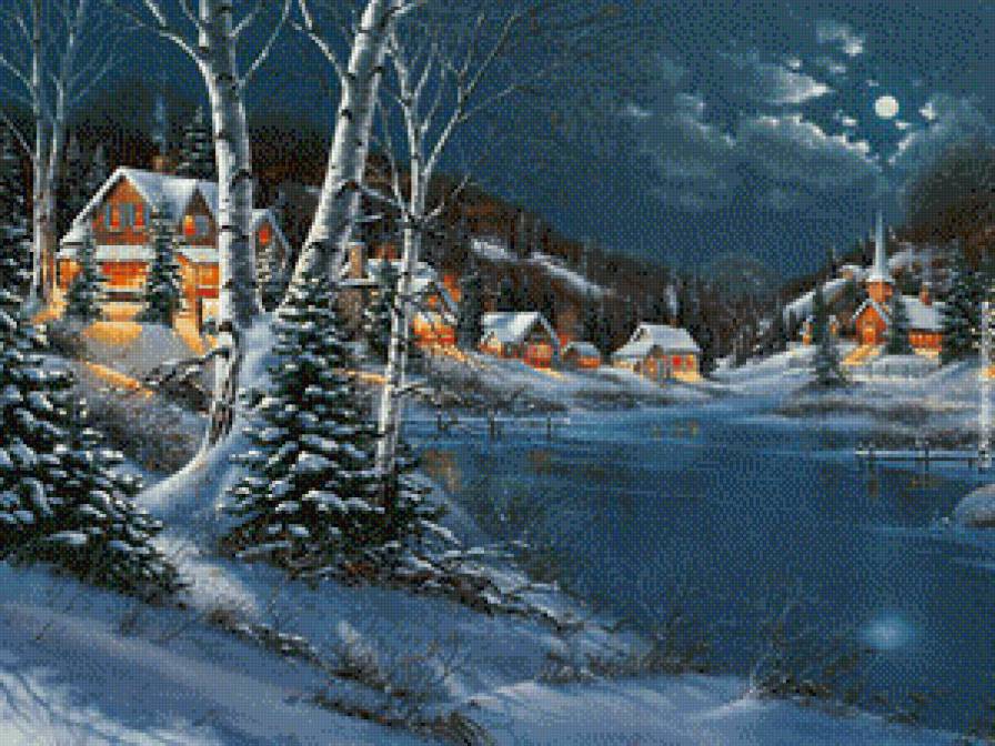 Городок на берегу озера - домик, зима, озеро, пейзаж - предпросмотр