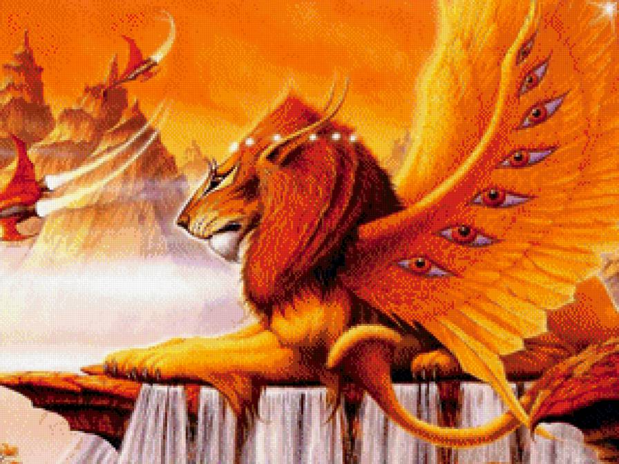 фантазия - фэнтези, живопись, крылья, глаза, лев, гора, хищник - предпросмотр