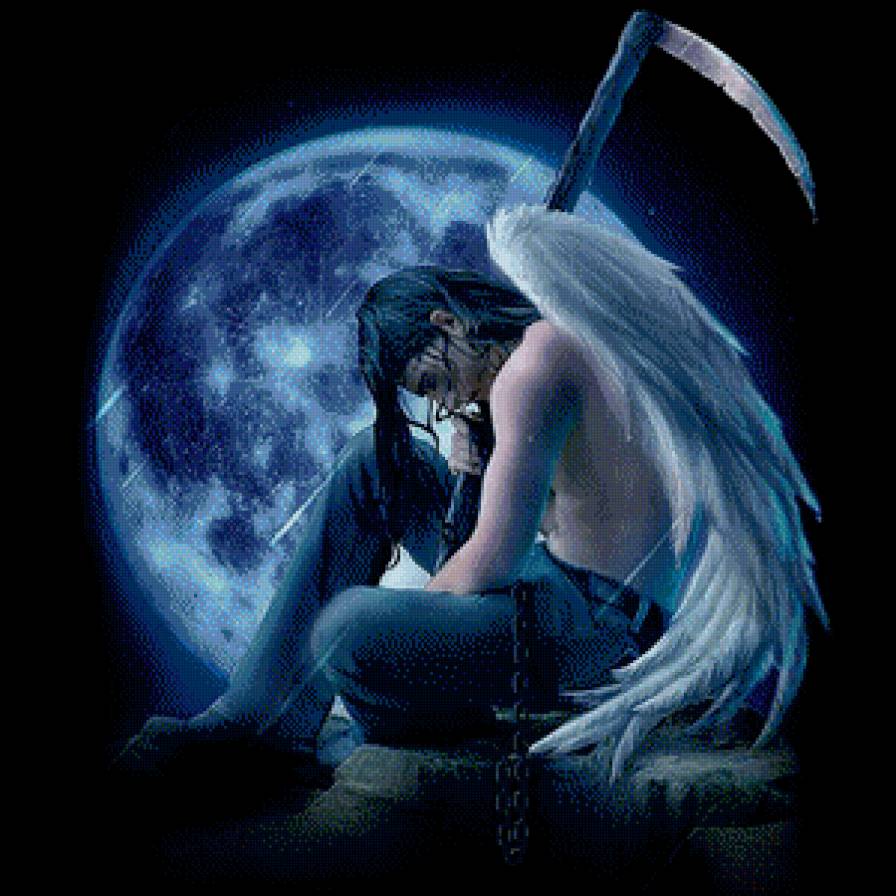 ангел - луна, живопись, фэнтези, парень, коса, цепь, крылья, мужчина - предпросмотр