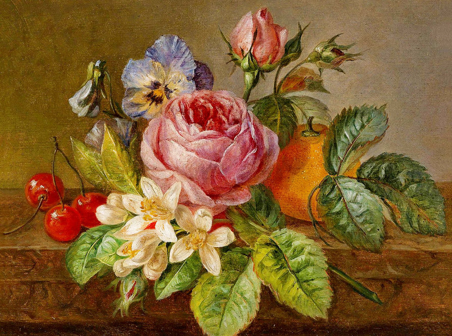 старинная картина - апельсин, вишня, цветы, жасмин, роза, анютины глазки, живопись - оригинал