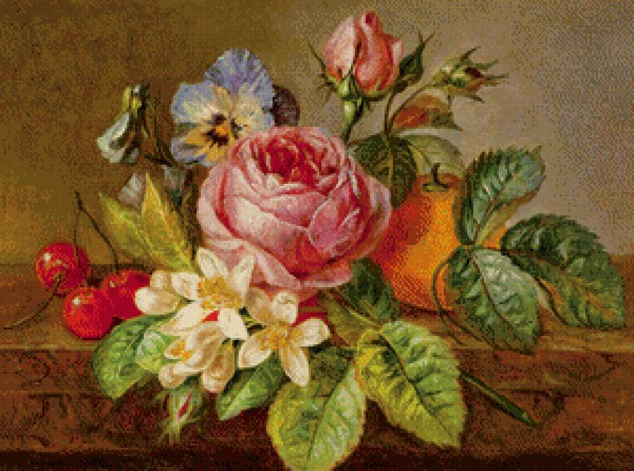 старинная картина - апельсин, живопись, цветы, вишня, анютины глазки, роза, жасмин - предпросмотр
