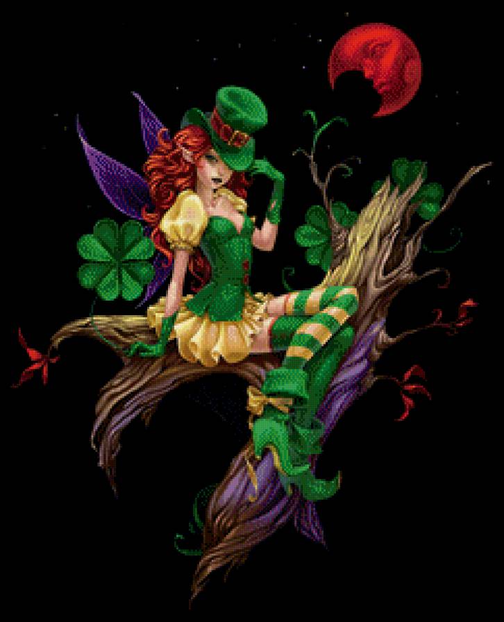 лепрекон - клевер, эльф, крылья, луна, девушка, женщина, дерево, фэнтези, живопись - предпросмотр