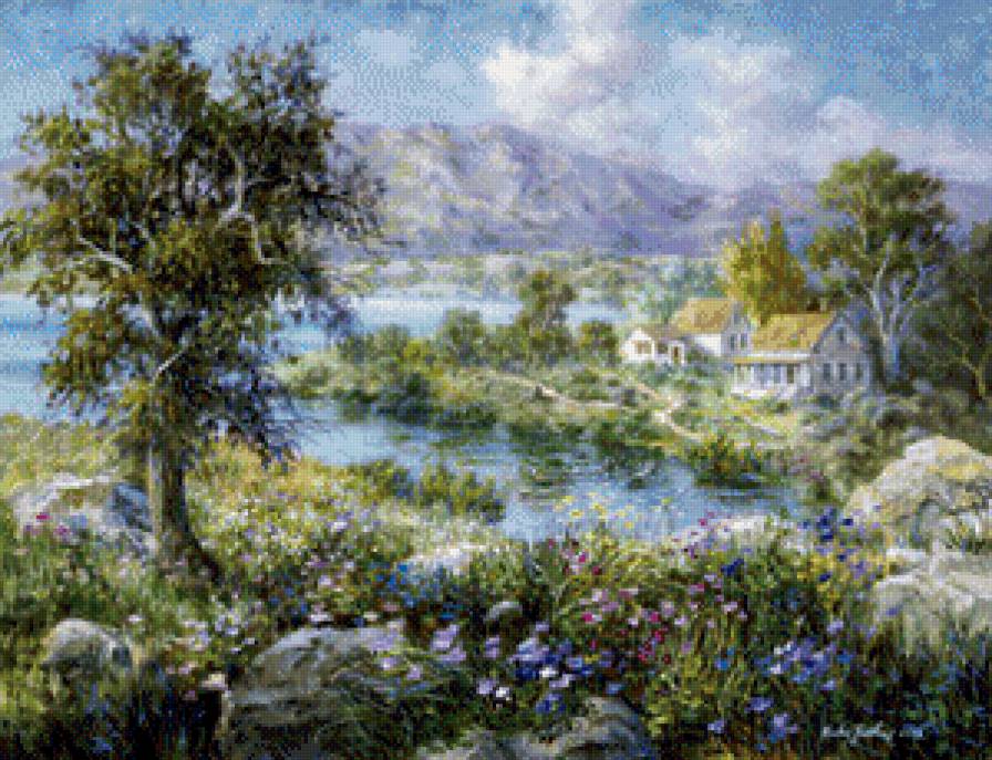 Серия "Летний пейзаж" - река, домик, пейзаж, цветы, горы, лето - предпросмотр