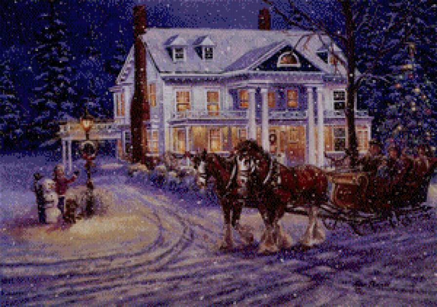 Серия "Зимний пейзаж" - домик, животные, зима, лошади, пейзаж, люди - предпросмотр