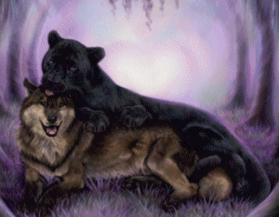 красивая дружба - хищник, пара, фэнтези, пантера, любовь, волк, живопись - предпросмотр