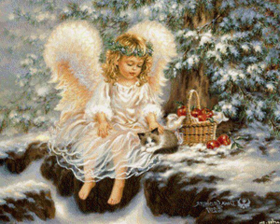 ангелок с котёнком под ёлкой - новый год, ангел, дети, рождество, праздник, ангелок, елка, котенок - предпросмотр