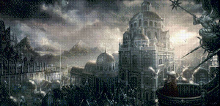 город атлантов монохром - монохром, замок.дом.облака, город.дворец, тучи.сказка.легенда - предпросмотр