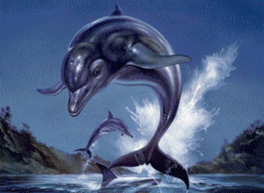 дельфины - волна, природа, море, дельфины, пейзаж - предпросмотр