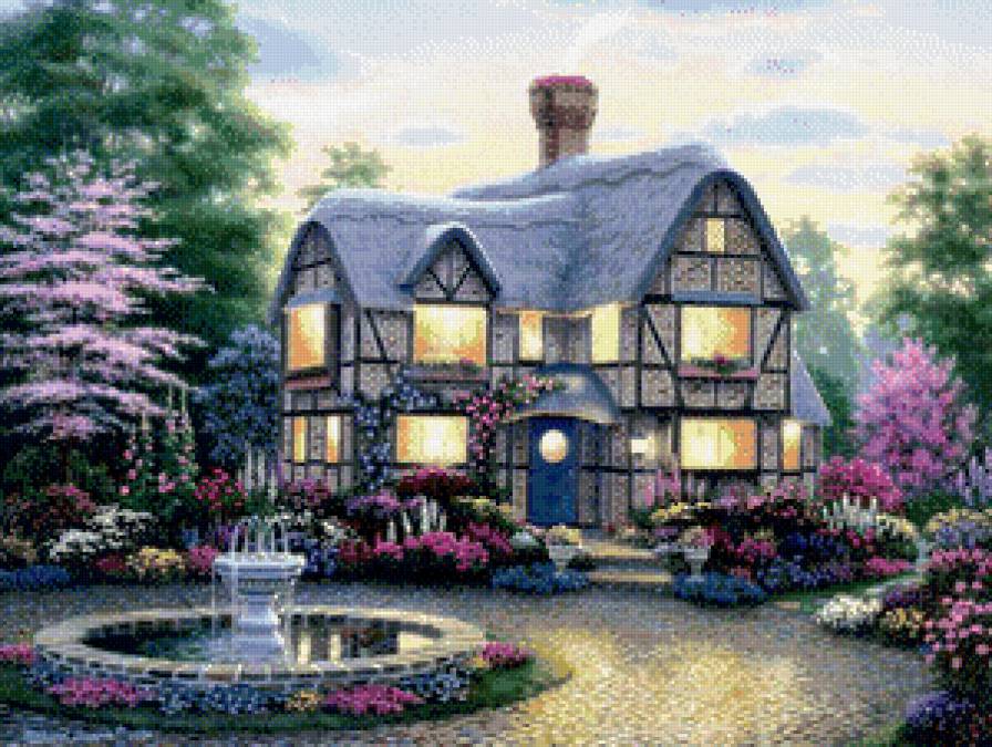 Уютный домик - сад, цветы, фонтан, пейзаж, домик - предпросмотр