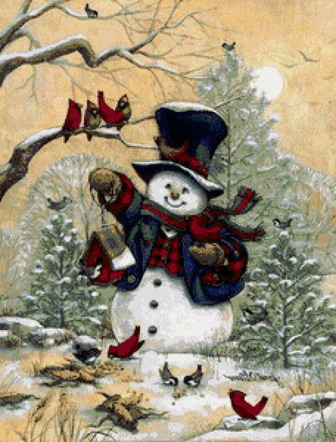 снегвик и птицы - детские, лес, снеговик, дерево, снег, рождество.новый год, птицы.зима - предпросмотр